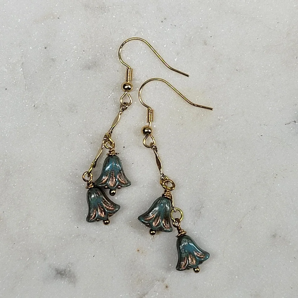 Blue Lily Flower Dangle Drop Earrings Handmade Beaded Whimsical Fairy Boho NEW